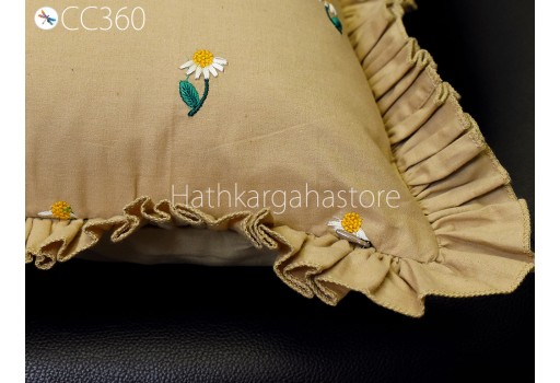 Brown Embroidered Frill Throw Pillow Sham Cushion Cover Handmade Embroidery Decorative Pillowcase House Warming Bridal Shower Home Decor.